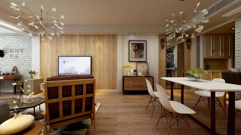 白色的餐桌椅，细腿餐桌椅，是北欧风中常用的装饰手法，客餐厅地面均用木地板装饰，用墙面对各个区域进行区域划分，使整个空间的设计亮点。