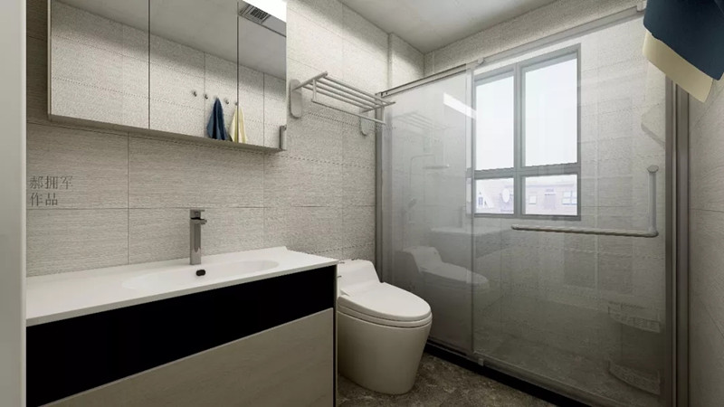 干湿分离设计，既干净易打扫，也方便多人使用。大面积选用米白色的瓷砖，令整体空间看起来简单干净。
